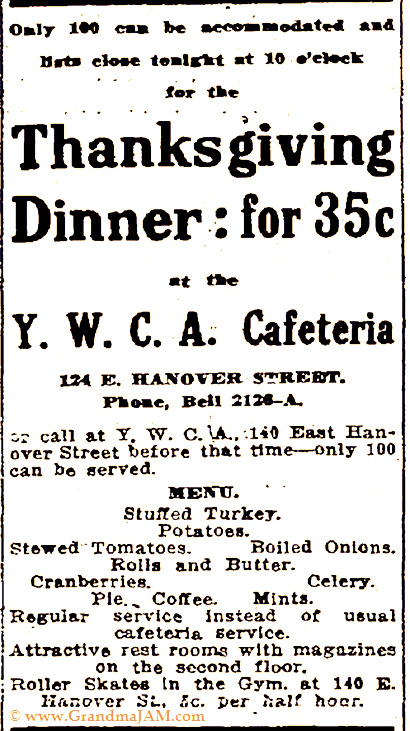 Thanksgiving Menu for the YWCA Cafeteria dinner circa 1914