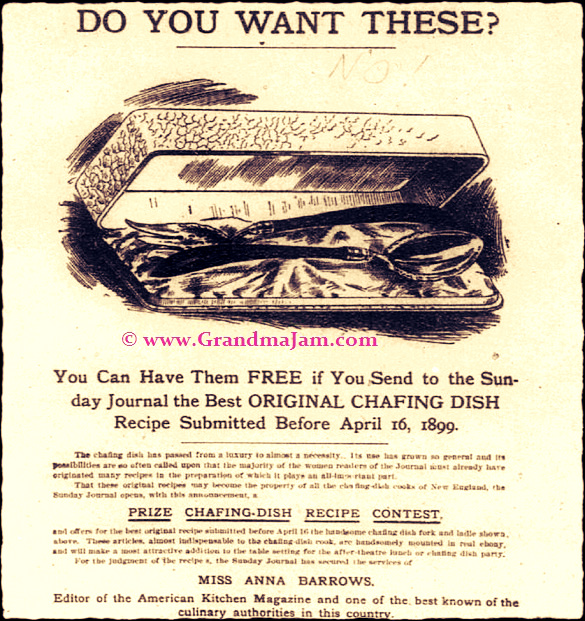 Prize Chafing Dish recipe contest for home cooks circa 1899